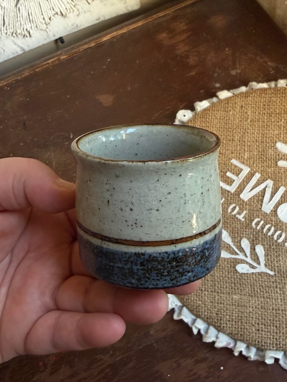Studio Pottery Stoneware Tumbler 6 oz Gray Blue Drip Glaze Speckled Mug Tea